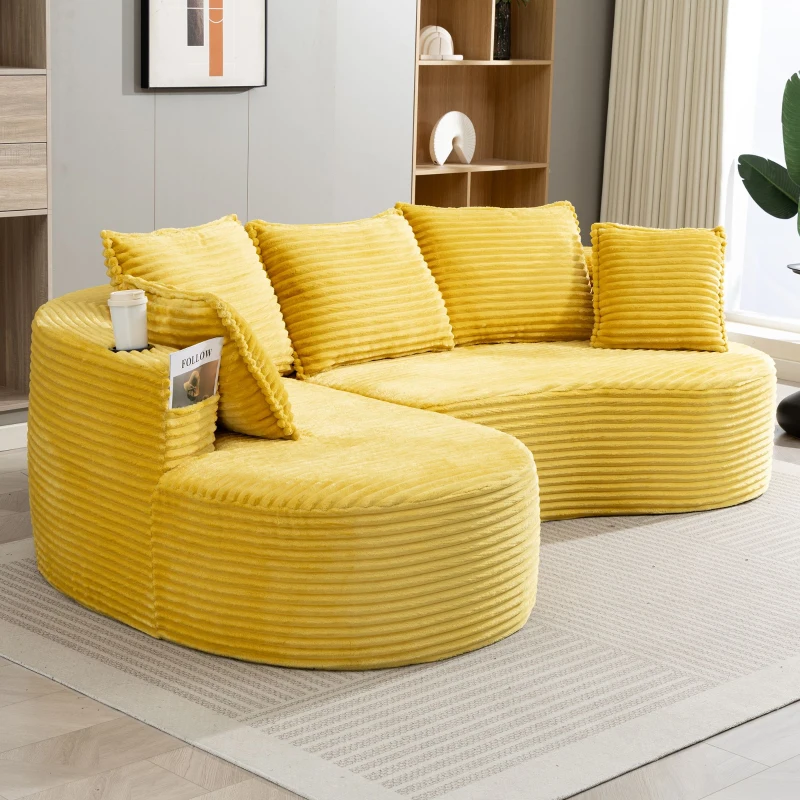 Bogesofa imbottito con portabicchieri su entrambi i lati, cuscini e tasca laterale, 250x152x82 cm, Giallo