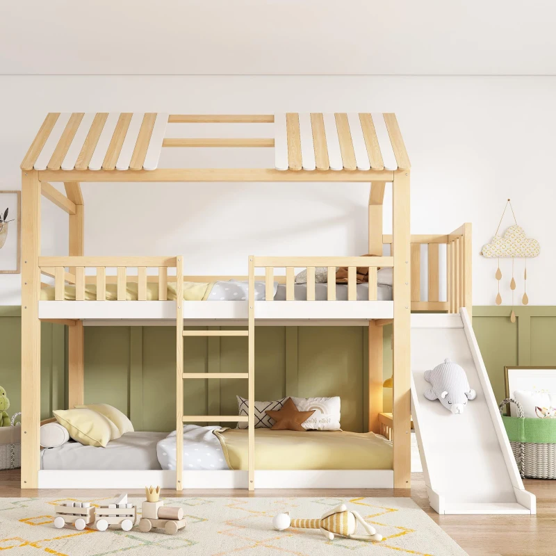 Beliche estilo cabana para crianças com telhado a duas águas, guarda‑corpo no estilo cerca de madeira, para colchões 90x200 cm, sem colchões, 247x171x220 cm, Branco