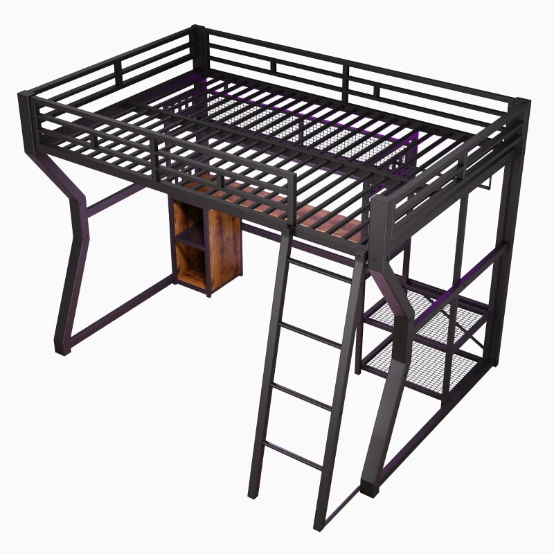 Letto a soppalco per materasso 90x200 cm con scomparti portaoggetti e spazio inferiore LED aperto, 204x181.5x180 cm, Nero