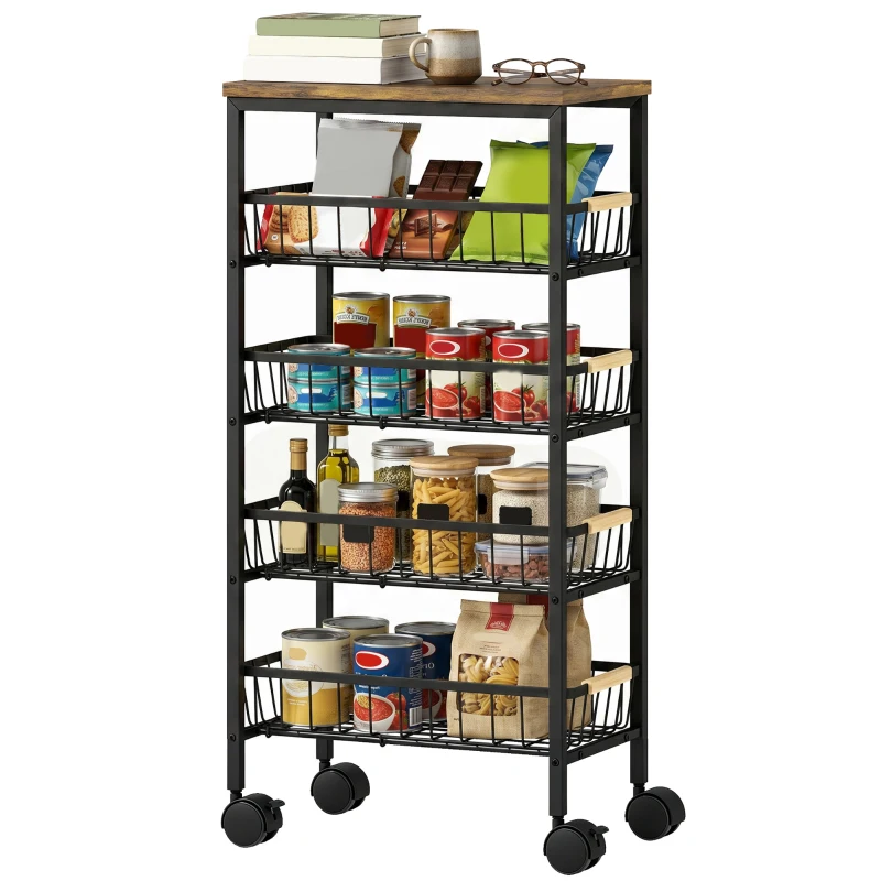 HOMCOM Carrito Auxiliar con Ruedas 4 Cestas Extraíbles Carga 15 kg Marco Metálico para Comedor 40x24x81,5 cm Rústico Marrón