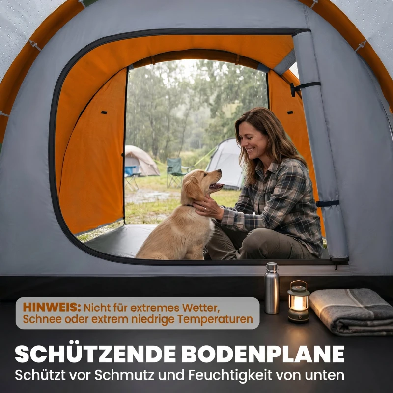 Outsunny Tunnelkampeertent voor 2-3 personen, 2000 mm waterkolom, waterdichte tent met voortent, oranje