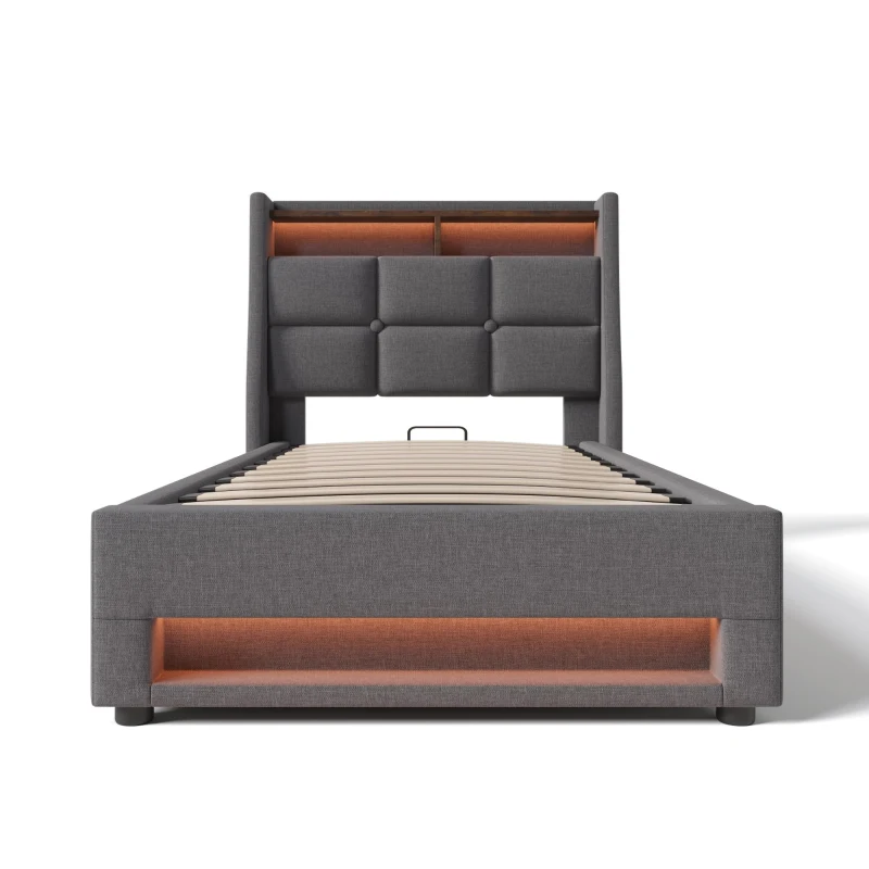 Letto contenitore imbottito con leva a gas e rete a doghe in metallo, rivestimento effetto lino, 210x95x117 cm, Grigio