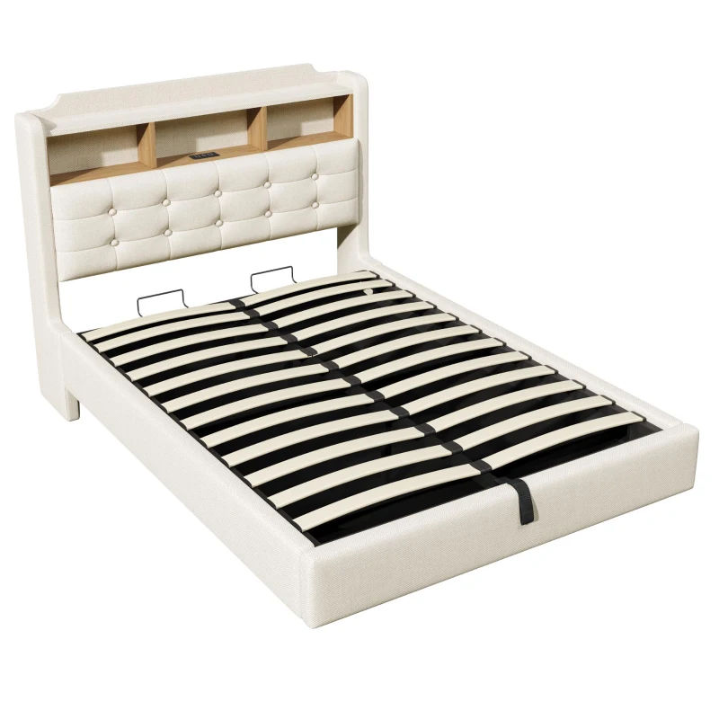 Cama estofada 140 × 200 cm, iluminação LED, design flutuante, sem colchão, 217x141x110 cm, Bege