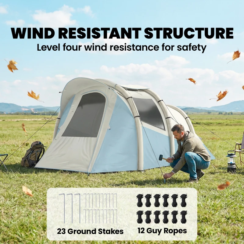 Outsunny Inflatable Camping Tent w/ Air Pump, Easy Setup 2-3 Person Blow Up Tent, Light Blue