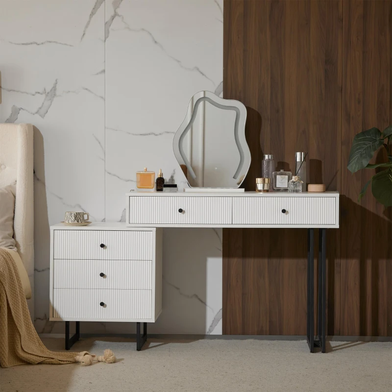 Tavolo da trucco con illuminazione LED, specchio regolabile e piano estraibile, 100x40x76 cm, Bianco