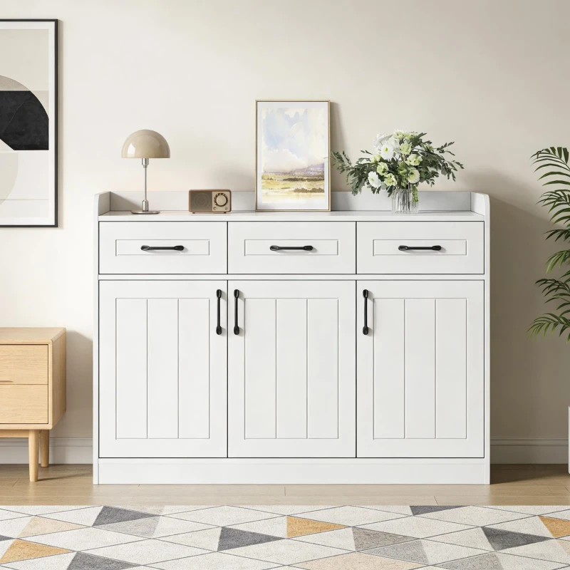 Aparador com muito espaço de arrumação, 3 gavetas e 3 portas com prateleiras ajustáveis, frente das portas com riscas, 120x35x80 cm, Branco