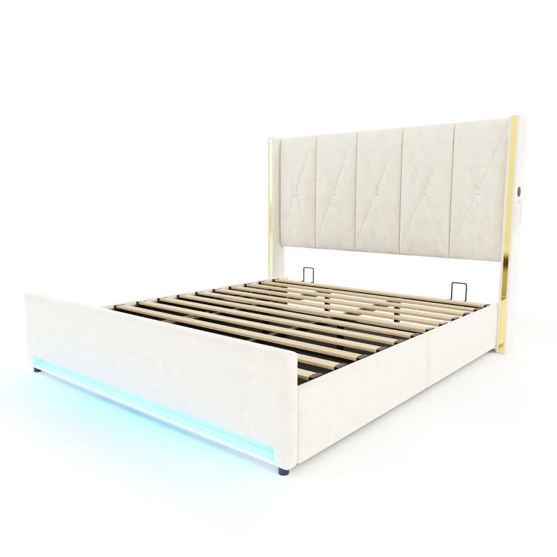 Letto matrimoniale vellutato con testiera imbottita e trapuntata e tasche laterali, 190x213x141 cm, Beige