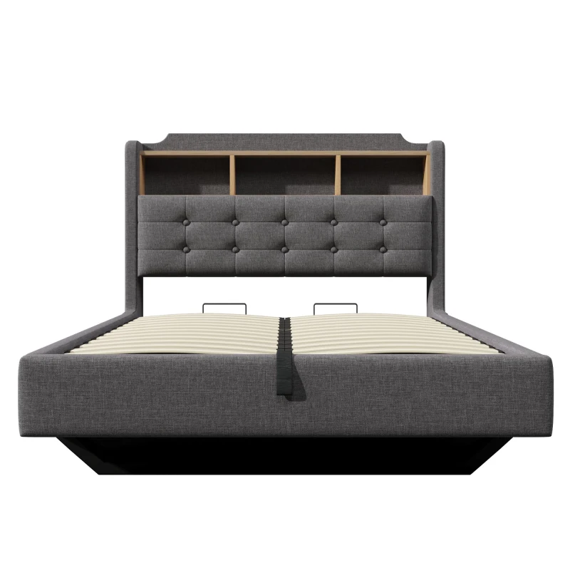 Letto imbottito contenitore con striscia LED luminosa e deisgn sospeso, 217x141x110 cm, Grigio