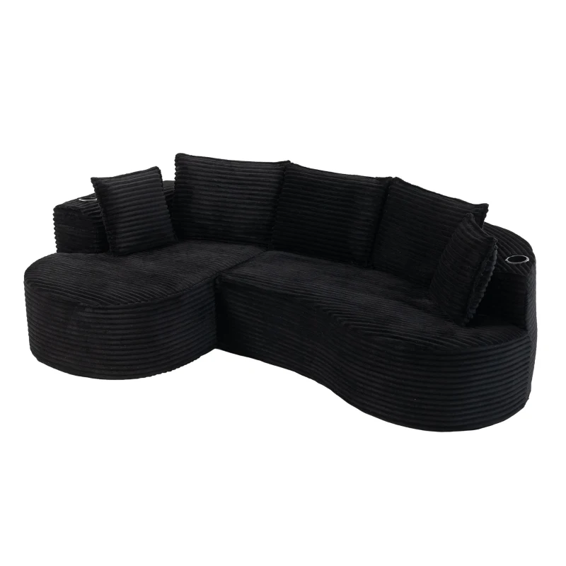 Bogesofa imbottito con portabicchieri su entrambi i lati, cuscini e tasca laterale, 250x152x82 cm, Nero