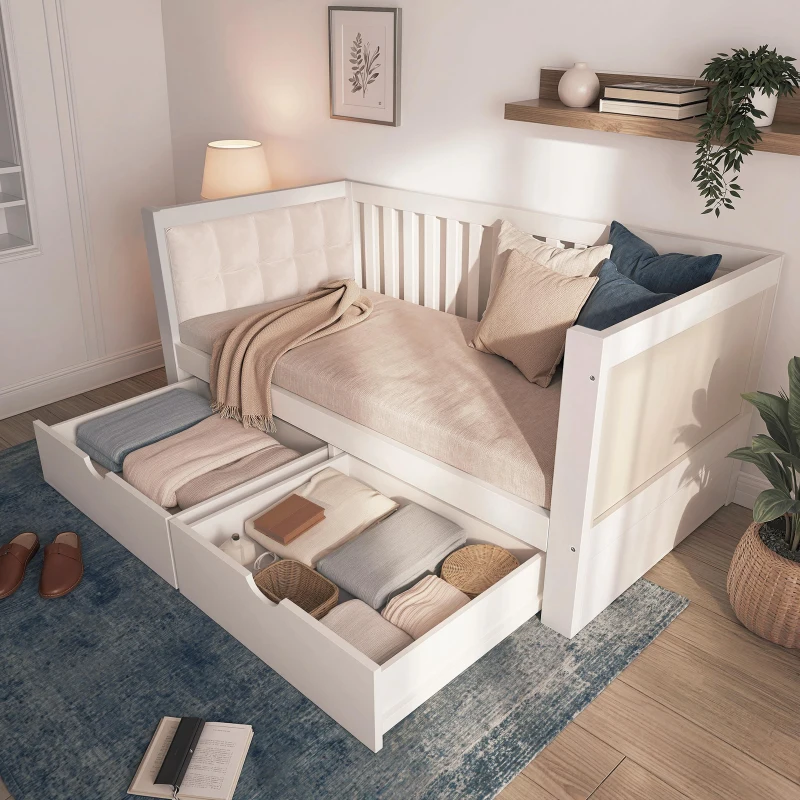 Sofá cama 90x200 cm con 2 cajones, reposabrazos acolchados y redondeados y respaldo cómodo, 208x95x74 cm, Blanco