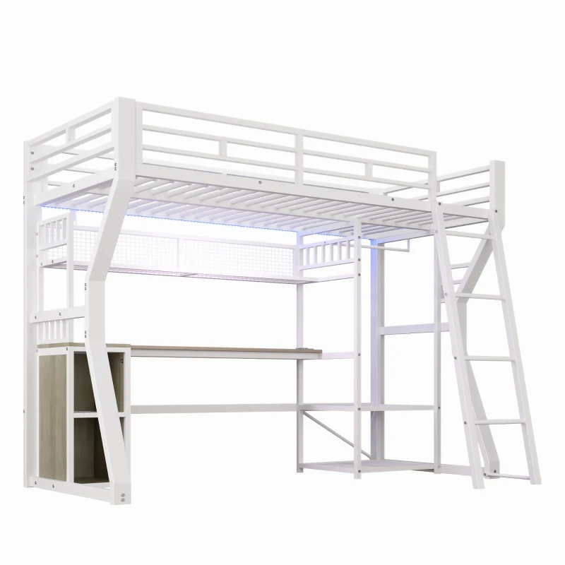 Cama alta para colchão 90×200 cm, com arrumação e espaço aberto por baixo da cama, sem colchão, 204x131,5x180 cm, Branco