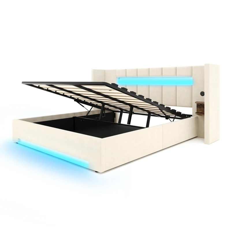 Struttura letto in velluto con striscia LED e comodini integrati, 245x212x103 cm, Beige