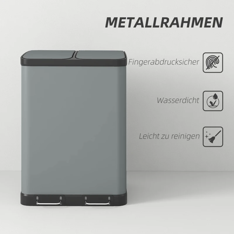 HOMCOM Dubbele Sector Prullenbak, 2 x 30L, Vingerafdrukbestendig, Pedaal, Uitneembare Binnenemmers, Grijs