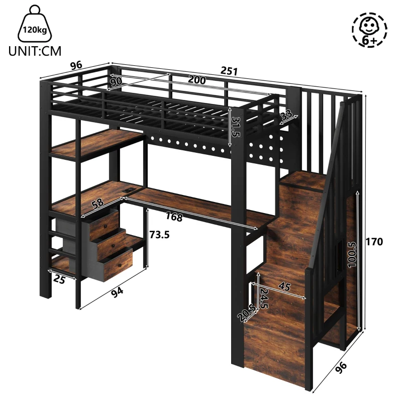 Cama alta 90×200 cm, prateleiras, escada com arrumação, sem colchão, 251x96x170 cm, Preto