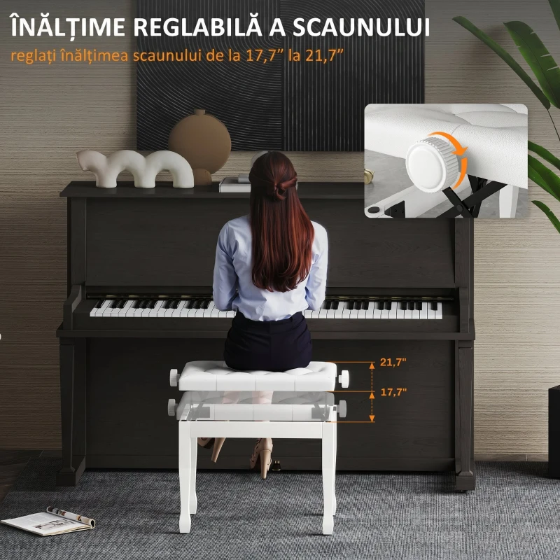 HOMCOM Banchetă de pian, banchetă pentru claviatură cu înălțime reglabilă din lemn masiv, șezut căptușit, 64 x 35 x 45-55 cm, alb