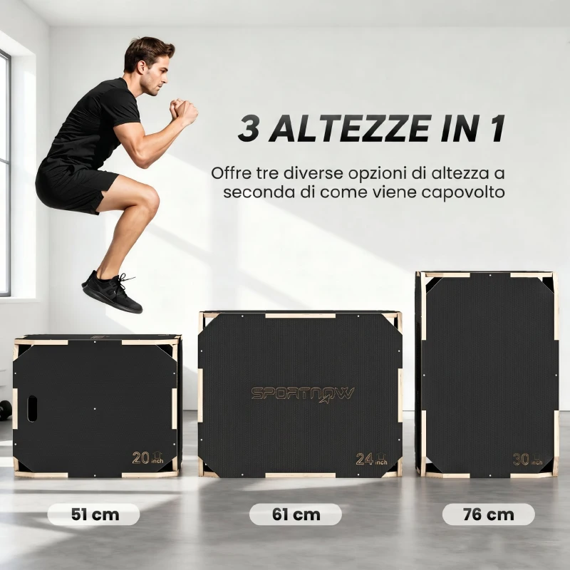 SPORTNOW Plyo Box in Legno 3 in 1, Box Pliometrico per Salti Antiscivolo con Maniglie per Allenamento in Casa Palestra, 76x61x51 cm, Nero