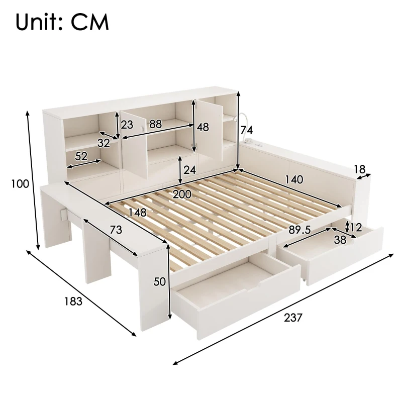 Cama com arrumação 140x200 cm, cama de dia com 2 gavetas em rodas, arrumação de 35 cm de profundidade com portas duplas, 237x183x100 cm, Branco