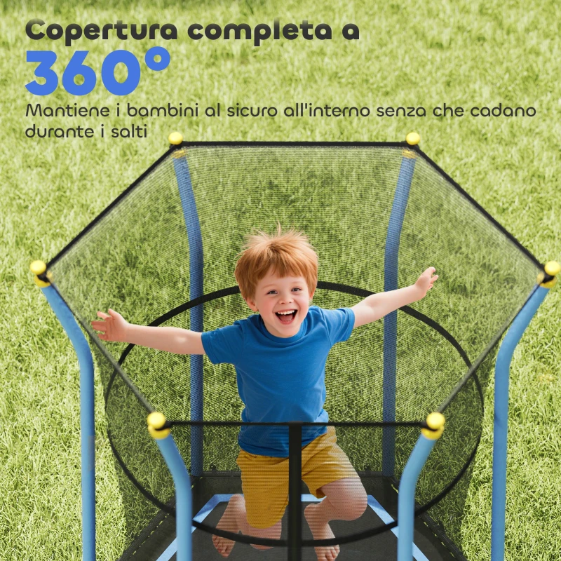 HOMCOM Tappeto Elastico per Bambini con Ingresso a Cerniera e Pali Imbottiti, in Acciaio, PP e EPE, 122x111x190 cm, Blu