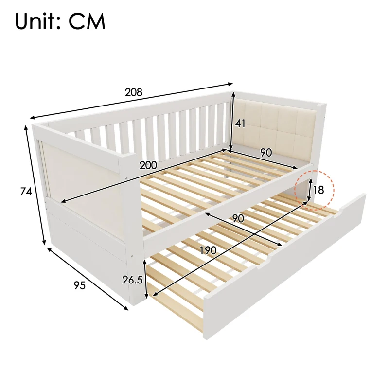 Cama de día con cama nido, diseño que ahorra espacio, madera de pino con somieres de lamas, 208x95x74 cm, Blanco