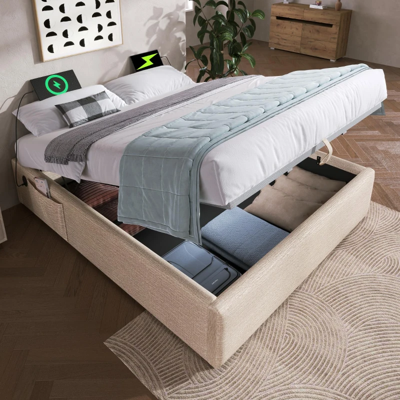 Cama estofada Cama de casal 160×200 cm, Cama com arrumação e pistões hidráulicos silenciosos, sem cabeceira, 202x161x29 cm, Bege+Cor natural