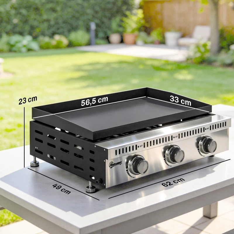 Outsunny Plancha gaz 9 kW 3 brûleurs en acier inoxydable, surface cuisson 56,5 x 33 cm, bac de récupération des graisses, noir