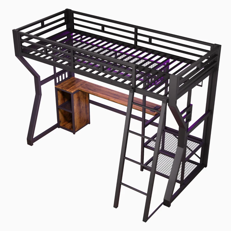 Letto a soppalco per materasso 90x200 cm con scomparti portaoggetti e spazio inferiore LED aperto, 204x131.5x180 cm, Nero