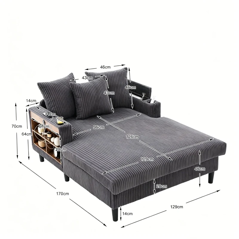 Divano letto con portabicchieri su entrambi i lati e bracciolo pieghevole, 129x170x70 cm, grigio scuro