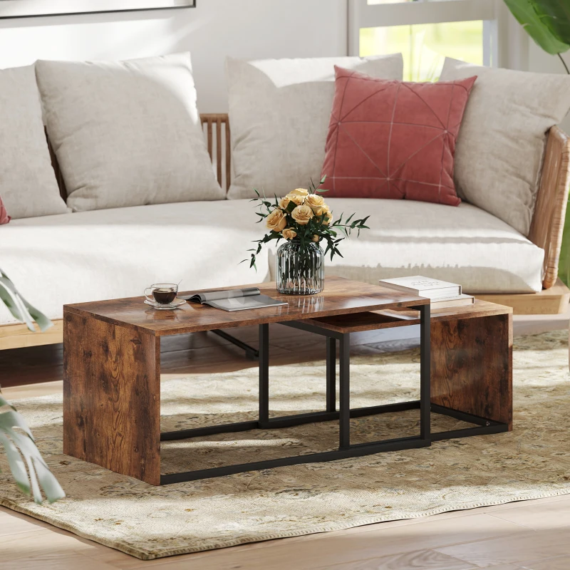HOMCOM Set van 2 Salontafels, Sofatafel, Bijzettafel, MDF, Metaal, 90 x 48 x 42 cm / 59 x 42 x 36 cm, Zwart+Bruin