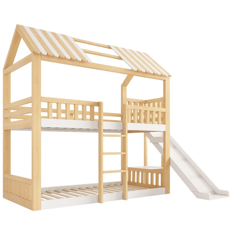 Beliche estilo cabana para crianças com telhado a duas águas, guarda‑corpo no estilo cerca de madeira, para colchões 90x200 cm, sem colchões, 247x171x220 cm, Branco