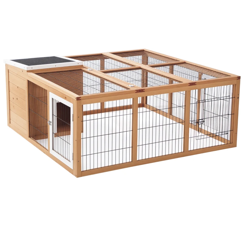 PawHut konijnenhok konijnenhok met ren klein dierenhok dak kan geopend worden waterdicht multifunctioneel dennenhout naturel 123 x 120 x 52 cm