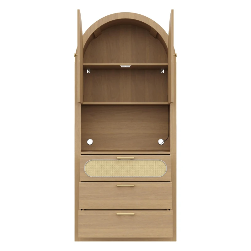 Mobile contenitore ad arco stile scandinavo con ante in rattan e sistema antiribaltamento, 80x35x180 cm, color legno