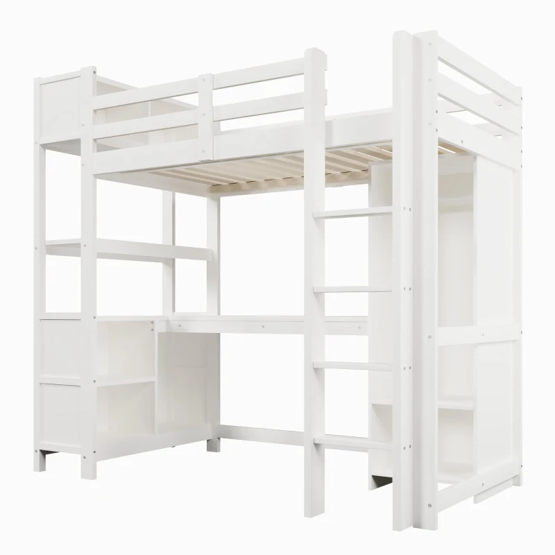 Cama alta 90x200 cm, grade de segurança para crianças a partir dos 6 anos, sem colchão, 232,5x100x189,5 cm, Branco