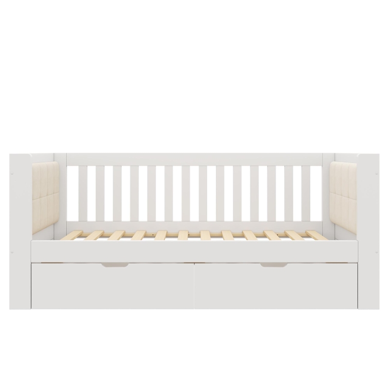 Divano letto con 2 cassetti, braccioli imbottiti e arrotondati e schienale confortevole, 208x95x74 cm, Bianco