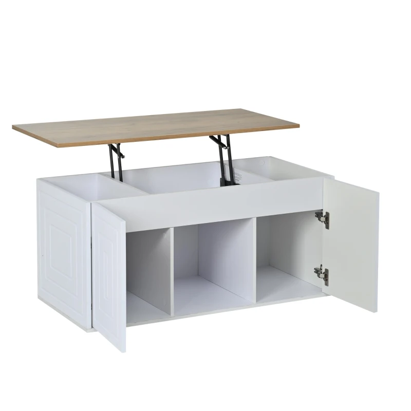 Table basse de salon relevable, deux portes de rangement et larges bords arrondis, 46x95x45 cm, Blanc