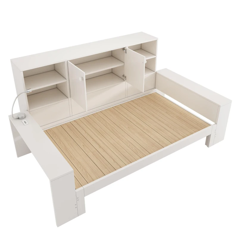 Cama com arrumação 90x200 cm, cama de hóspedes extensível 180x200 cm, 3 prateleiras reguláveis em altura, 237x133x100 cm, Branco
