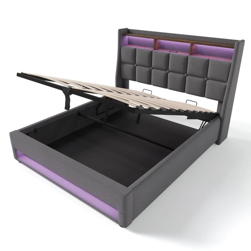 Cama estofada 140x200 cm com colchão, sistema de elevação a gás com arrumação, estrado de ripas metálicas e cabeceira estofada em linho, 210x145x117 cm, Cinzento