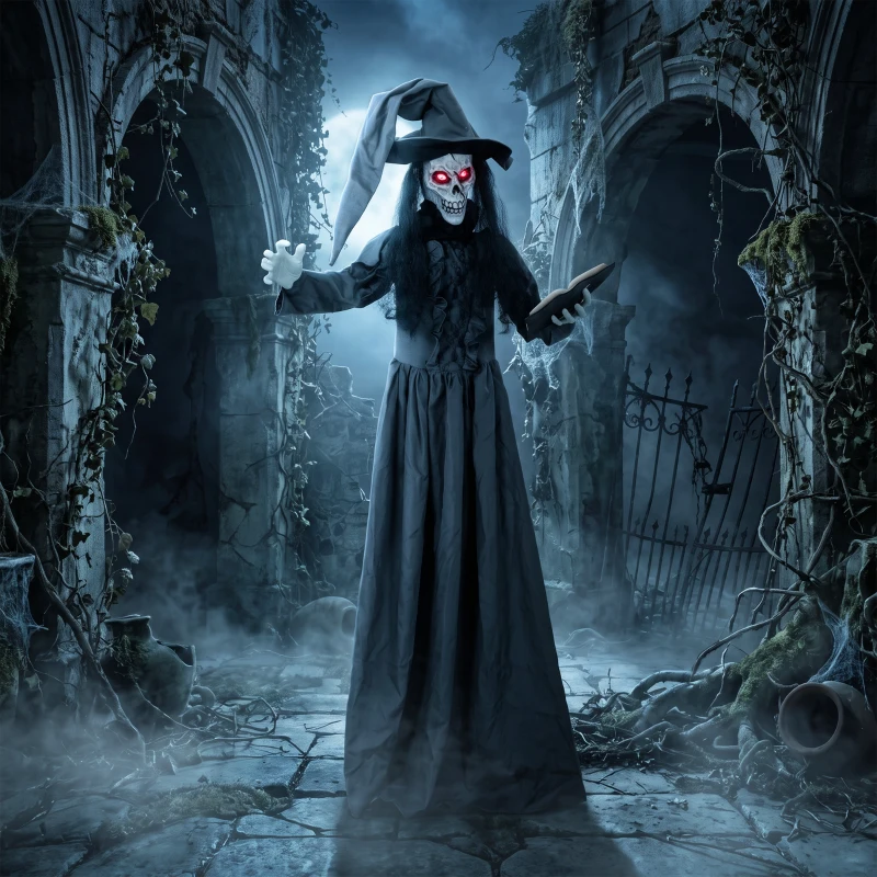 HOMCOM 180 cm Halloween Animierte Hexe Dekoration Lebensgroß mit leuchtenden Augen, Gruseliger Sound, Berührungsaktivierung