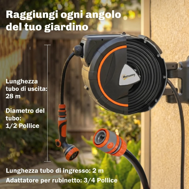 Outsunny Avvolgitubo Retrattile 28+2m con Riavvolgimento Automatico e Sistema di Bloccaggio
