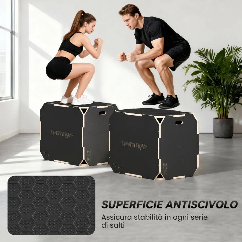 SPORTNOW Plyo Box in Legno 3 in 1, Box Pliometrico per Salti Antiscivolo con Maniglie per Allenamento in Casa Palestra, 76x61x51 cm, Nero