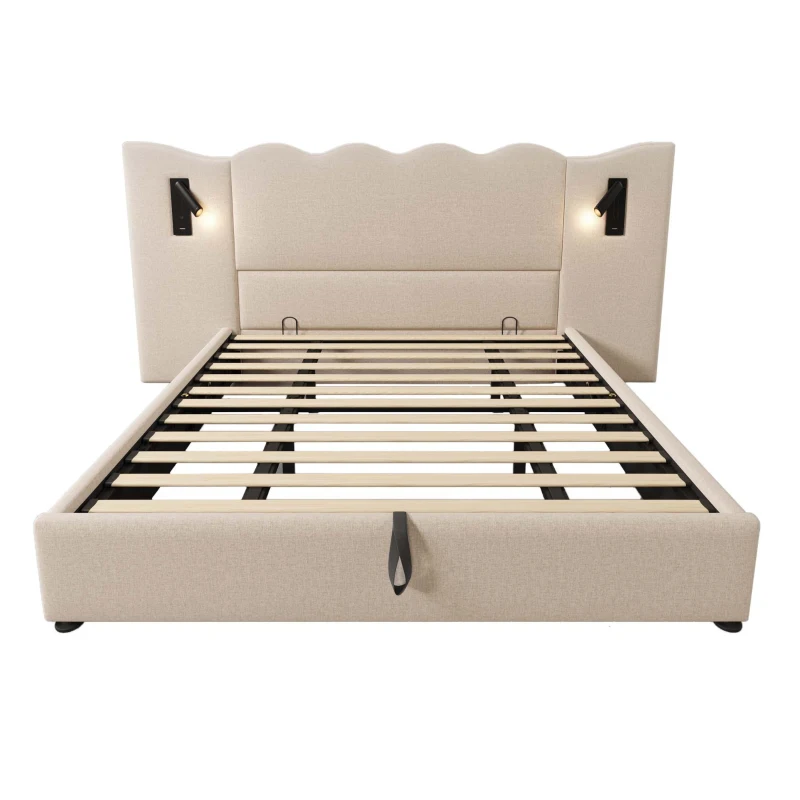 Letto imbottito matrimoniale con lampada da lettura orientabile, rivestimento effetto lino e testiera a onde, 215x252x111 cm, Beige