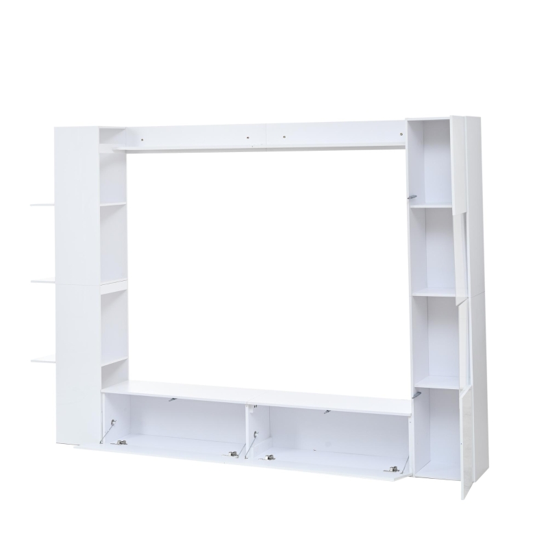 Conjunto mural compacto 4 peças, móvel de TV integrado com vitrine e prateleiras abertas, muito espaço de arrumação, 228x30x170 cm, Branco