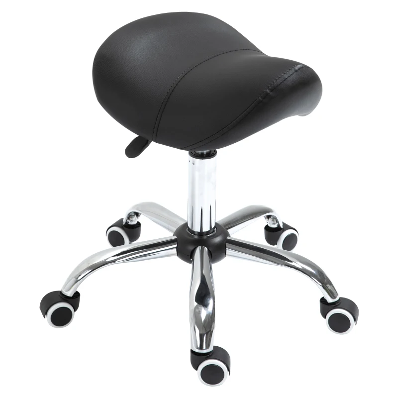 HOMCOM Scaun Taburet Rotativ cu Șa, Roți și Înălțime Reglabilă pentru Estetiști și Tatuatori, 52 x 53 x 49-61 cm, Negru
