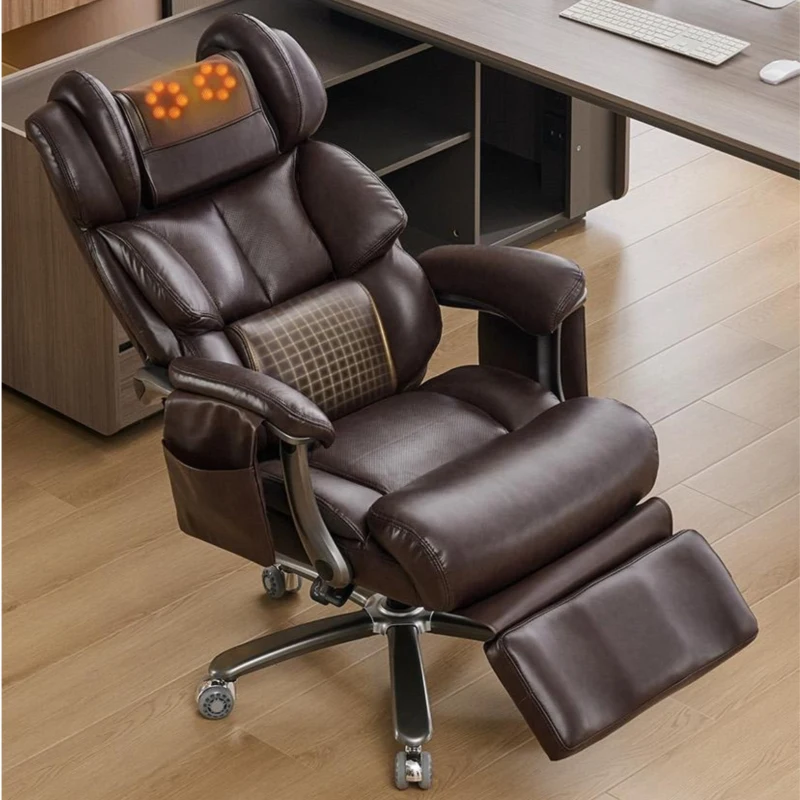 XXL Silla de oficina ergonómica, función de masaje y calefacción, reposapiés extensible y respaldo ajustable, 85,5x76,5x121,5 cm, Marrón