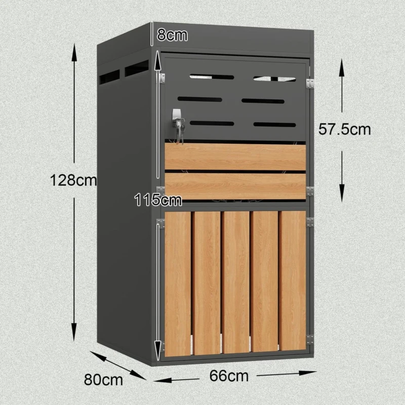 Armoire d'extérieur multifonction 2-en-1, avec jardinière intégrée et compartiment pour poubelle, sans poubelle, 66x80x128 cm, Gris