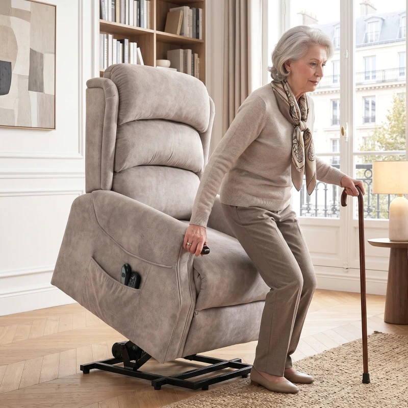 HOMCOM Fernsehsessel mit Aufstehhilfe Elektrisch Relaxsessel mit Vibrationsmassage, Wärme und Liegefunktion, Hellgrau