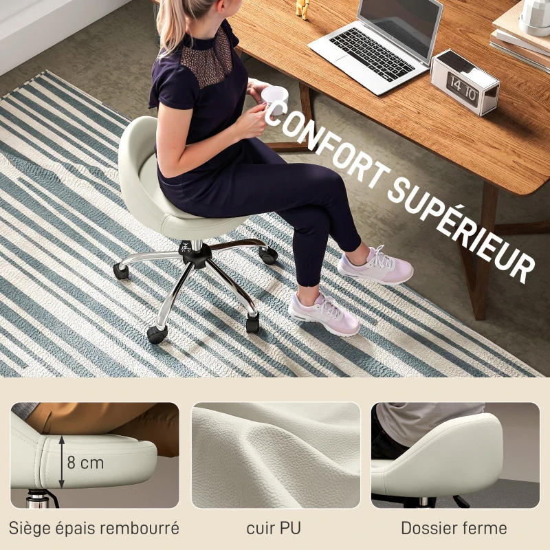 HOMCOM Tabouret à roulettes tabouret de travail pivotant 360° hauteur réglable 53-73 cm revêtement synthétique blanc