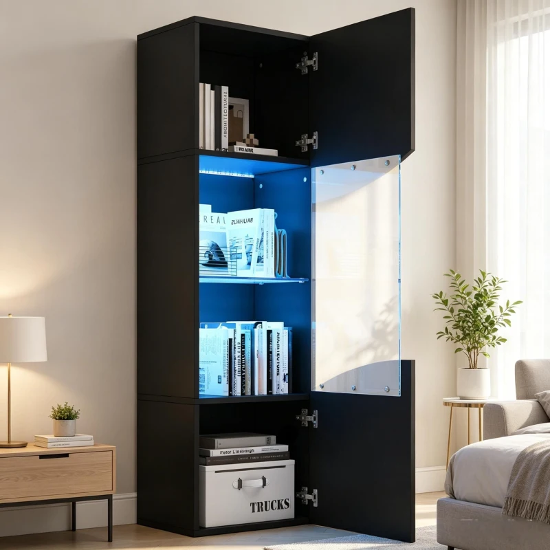 Vitrine para sala de estar, design estreito e alto com amplo espaço de arrumação, 35x50x165 cm, Preto