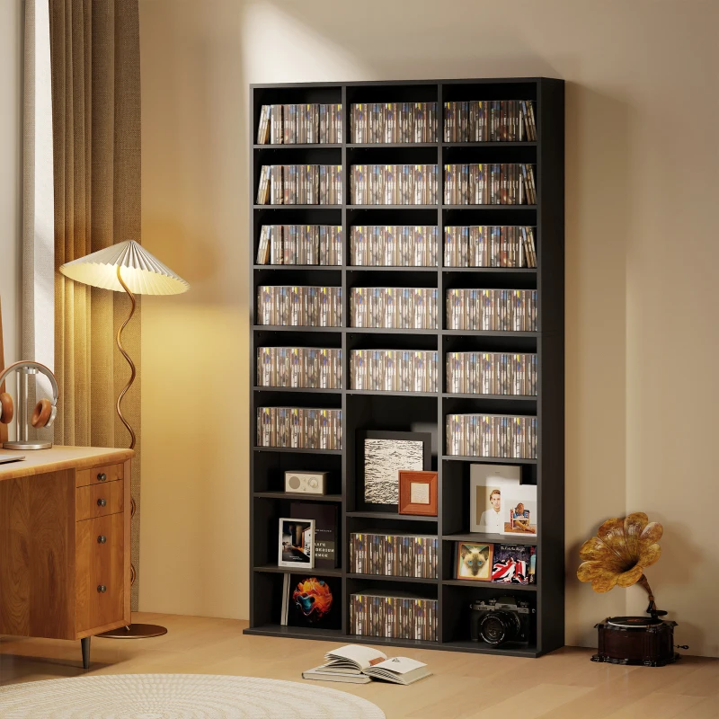 HOMCOM Mobile Porta CD a 9 Ripiani con 21 Ripiani, Scaffale Porta 835 CD/500 DVD/640 Blu-ray Salvaspazio, 100x24x175 cm, Nero