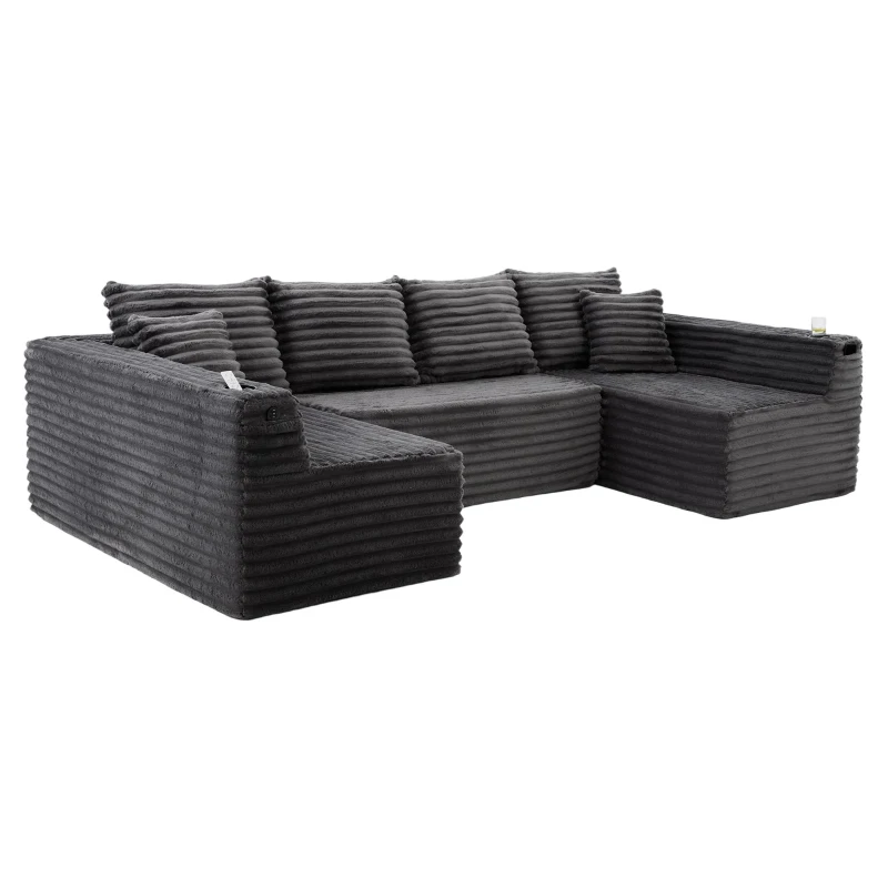Divano a U in velluto a coste con portabicchieri integrato e tasca laterale, imbottitura a molle, 320x155x88 cm, Grigio scuro