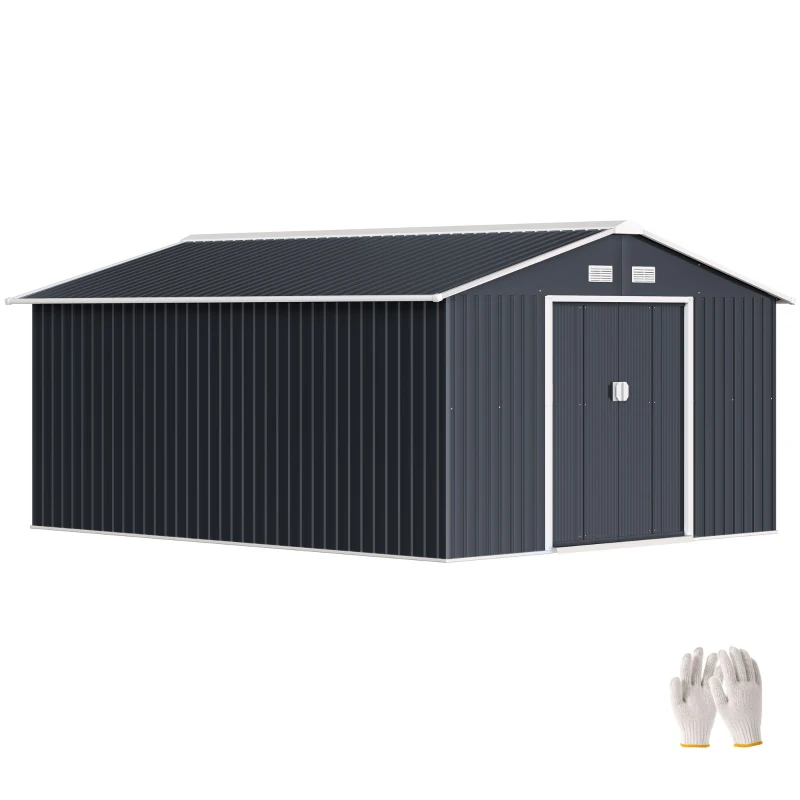 Outsunny 13 x 11ft Garden Metal Storage Shed, Outdoor Storage Tool House with Ventilation Slots, Floor Foundation and Lockable Double Doors, Grey